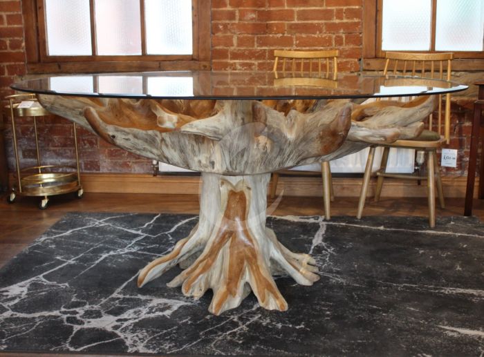 Teak Root Glass Top Dining Table, Glass Dining Table With Tree Stump Base