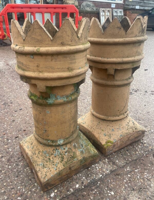 Pair of Reclaimed Crown Chimney Pots in Buff on Rooftop