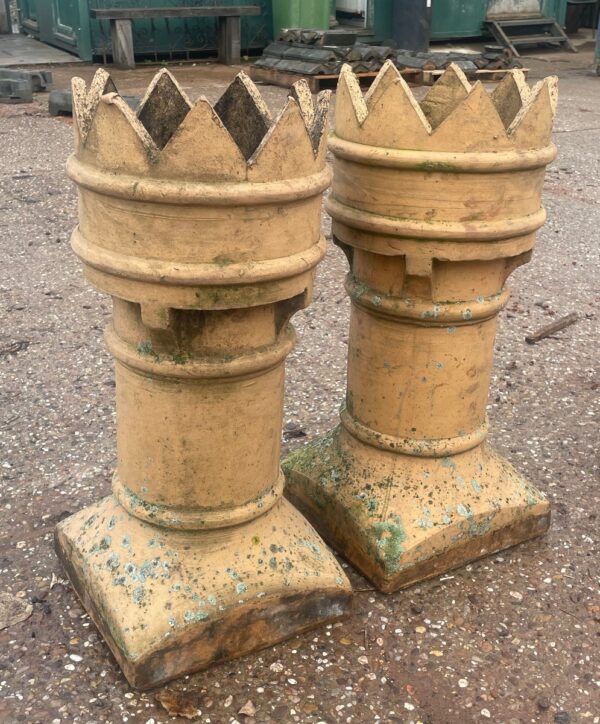 Pair of Reclaimed Crown Chimney Pots in Buff on Rooftop